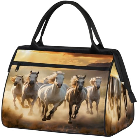 Sunset Running White Horses Gym Bag for Women Men, Travel Sports Duffel Bag with Trolley Sleeve, Waterproof Sports Gym Bag Weekender Overnight Bag Carry On Tote Bag for Gym Sport Travel