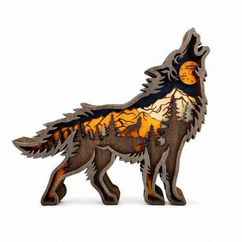Drawelry 3D Holzwolf Skulptur Dekoration, Mehrschichtige Holzfigur Wolf Statue mit Wald Berge Mondlicht Landschaft, Holz Tier Holzschnitzerei Heim Büro Deko Geschenke für Familie Freunde Kinder (Wolf)