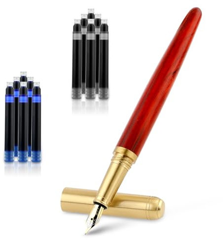 Amaxiu Holz Füllfederhalter mit feiner Spitze, handgefertigter Vintage Luxus Füllfederhalter mit 12 Stück 2,6 mm Tintenpatronen Journaling Stift für Geschäftliche Kalligraphie-Geschenk(A)