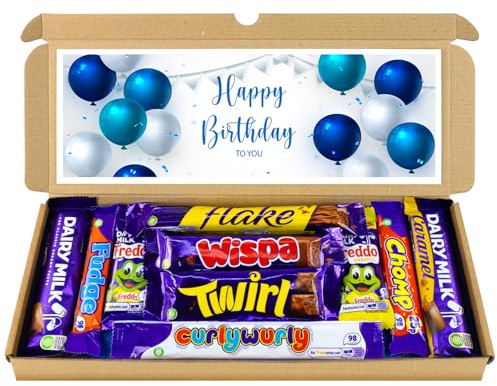 Happy Birthday Chocolate Gift Hamper, Letterbox Chocolate Selection Box of 10 Fullsize Dairy Milk Chocolate bars, ideal 13th 16th 18th 21st Birthday Gifts For him (Blue)