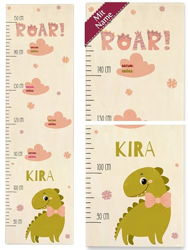 Messlatte Kind Holz - Dinosaurier - Kindermesslatte Dino Roar mit Name I - 90-150 cm - Holz - personalisierte geschenke baby holzlatte bunt für kinder grössenmass messstange dino-kindermesslatte