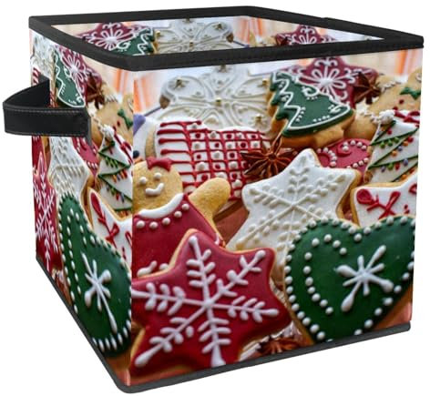 VAPOKF Scatola portaoggetti pieghevole, in tessuto, cubo, organizer con manici, per giocattoli, vestiti, libri, armadio, camera da letto, casa, pan di zenzero colorato natalizio