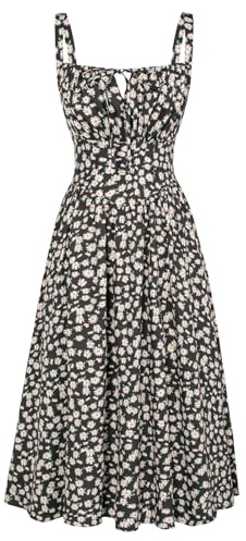 SCARLET DARKNESS Sommerkleid Damen Spaghetti Lange Boho Kleid Vintage Milkmaid Country Kleid Schwarz-Gelb Blumen XL