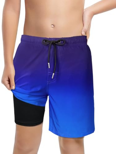 LUCOWEE Boys Swim Trunks Boxer Brief Lined Anti Chafe Swimming Shorts Bathing Lakewear Sandless Stretchy Adjustable Drawstring Quick Dry UPF 50+ Gradient Sapphire Size 14 16