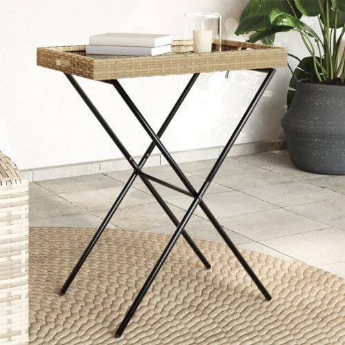 ZEYUAN Tabletttisch Klappbar Beige 65x40x75 cm Poly Rattan, Balkontisch, Beistelltisch Outdoor, Balkon Tisch, Gartentisch Klein, Tisch Klein, Gartenmöbel, Terrassen Tisch - 365130
