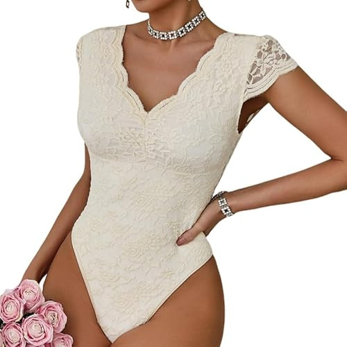 Haibang Dam Spets Bodysuit Sexig V-Ringad Bodysuit Topp Blommig Bodysuit Kortärmad Blus Bodysuit Elegant Cami Skjortor Blus Clubwear, Mandel, XS