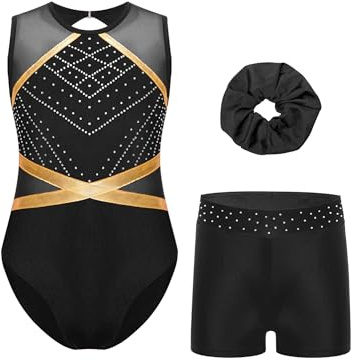iEFiEL Mädchen Turnanzug Glitzer Strass Gymnastikanzug Tanzbekleidung Set mit Haarband Glänzende Leotard und Shorts Gymnastik Outfits