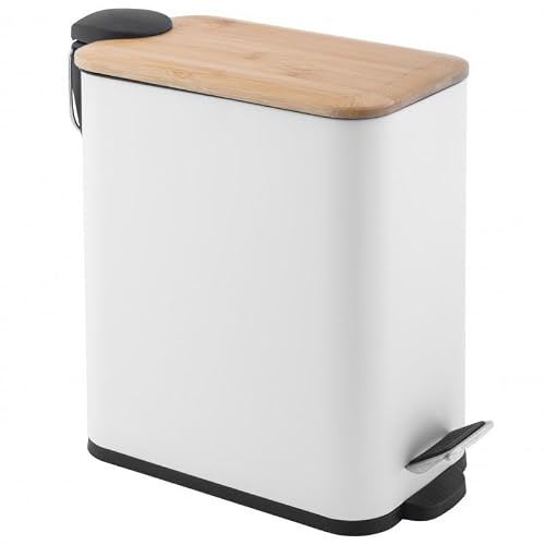Yoka Home - Kleiner Mülleimer Bad und Küche Kosmetikeimer Weiß Badezimmer-Mülleimer- Badmülleimer Tretmülleimer mit Holzdeckel - Schmaler Badeimer - Matt - 5 L