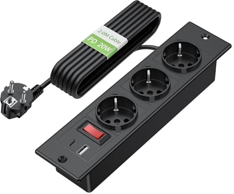 SILRIVES Einbau Steckdosenleiste mit USB C PD20W,3 Fach Versenkbare Steckdose mit 2 USB,Tischsteckdose Versenkbar mit Schalter,Mehrfachsteckdose Schreibtisch,2M Einbausteckdose Versenkbar Schwarz ﻿