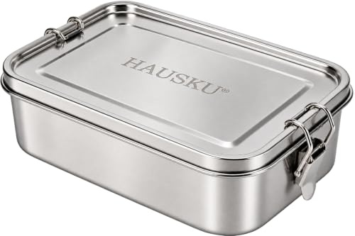HAUSKU Brotdose Edelstahl 1200 ml – Auslaufsicher dank Silikondichtung – Lunchbox mit beweglicher Trennwand & Besteck – BPA-frei & Spülmaschinenfest – Große Bento Box für Arbeit, Schule & Meal Prep