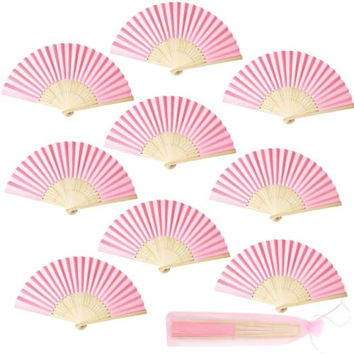 wokdsbl 9pcs Handheld Paper Fans Folding, Pink DIY Bamboo Handmade Fans with a Pouch,Chinese Fan Handheld Paper for Dancing,Wedding,Cosplay