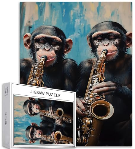 Two Monkeys Playing Saxophone 1000 Piece Jigsaw Puzzle for Adults Monkey Music Theme Art Puzzle 20×27 Inches Colorful DIY Home Decor Gift Family Jigsaw Puzzle Perfect for Game Night