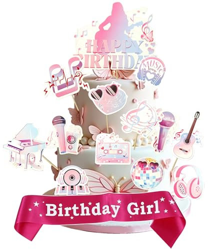 Birthday Cake Toppers with Taylor Theme, Birthday Sash for Music Singer Fans, Cupcake Toppers for Cake Decorations Happy Birthday Party Supplies, Women Girls Pink Blue