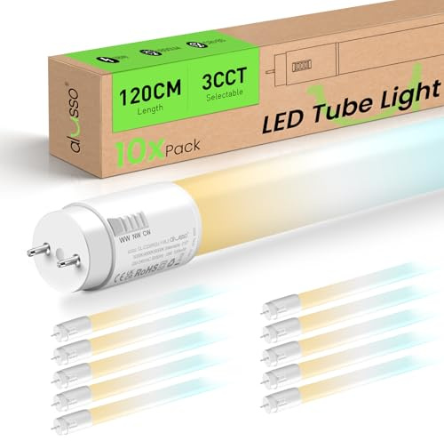 ALUSSO 3CCT LED Röhre 120cm, 18W T8 Leuchtstoffröhre 10-er Pack | 3000K/4000K/6000K Einstellbar, Hohe Helligkeit 1800LM ersetzen 36W, Inklusive G13 Starter, 210° Abstrahlwinkel