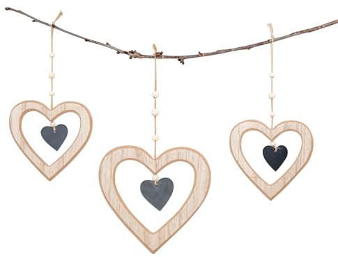 3er Set Herz Anhänger Natur Schwarz MDF Holz Metalldeko Hängedeko Frühlingsdeko Deko-Anhänger