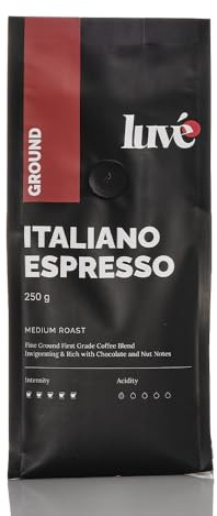 Luve Italiano Espresso Ground Coffee 250g – Italian Dark Roast Arabica Espresso Coffee – Freshly Roasted in the UK – Strong Bold Taste with Chocolate & Toasted Nut Notes