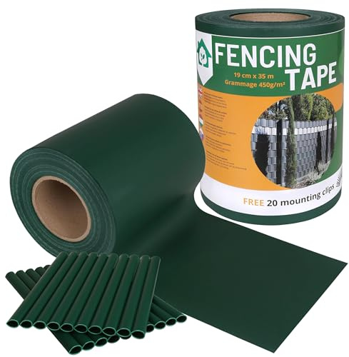 Ruban de clôture, couverture de clôture en panneaux, ruban d'ombrage I Brise-Vue Pour Clôtures Rigides De Jardin Résistant aux Intempéries UV 450g/m2 35 m + 20 clips de fixation (Vert, 19 cm)
