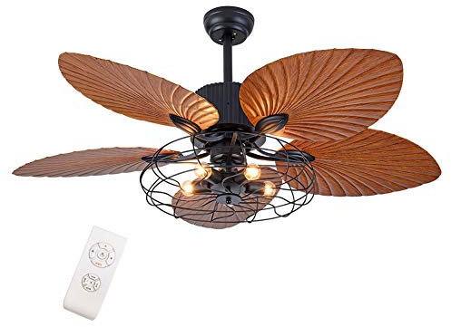 PVYGDXYI Tropical Ceiling Fans with Light 52inch Palm Leaf Ceiling Fan 5 ABS Blades Metal Caged Chandelier Lighting Fixture 3-Speed Changes w/Remote Reversible for Kitchen Bedroom Living Room