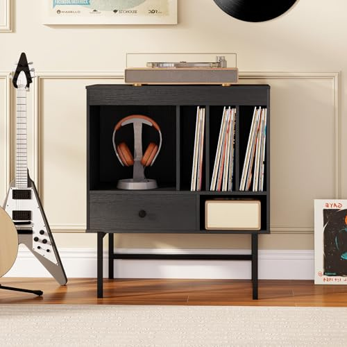 GOPLUS Meuble Platine Vinyle 3 Niveaux pour Albums, 70 x 40 x 80CM, Support de Tourne-disques avec Tiroir, 5 Compartiments Ouverts pour Disques, Étagère Rangement pour Vinyle pour Salon, Studio (Noir)