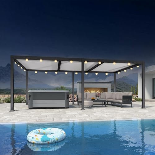 Pérgola bioclimática de 6,35 x 3,5 m con cadena de luces LED, listones de aluminio ajustables, toldo gris, postes blancos, pérgola de jardín al aire libre para patio y patio trasero