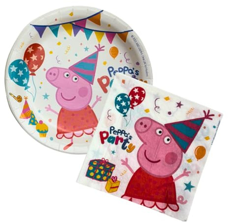 Peppa Wutz Geburtstagsdeko, Kindergeburtstag Deko, Peppa Wutz Party Set, Teller (8u) + Servietten (20u), Dekoriere deinen Tisch mit dem 23 cm Teller und den Servietten (33×33 cm), Kinderparty