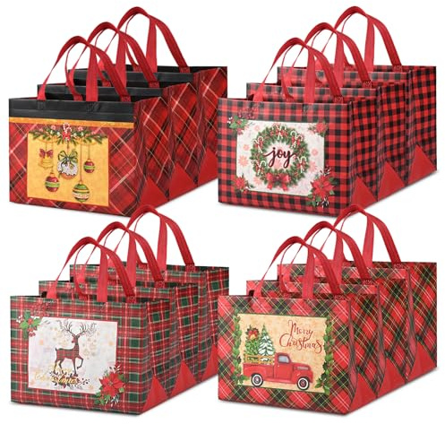 12 Stück Geschenktüten Weihnachten Groß,Weihnachtstaschen mit Griffen,Non Woven Weihnachtstaschen,wiederverwendbare Weihnachten Taschen Einkaufstaschen für Geschenk,32.5 x 25 x 17 cm(B)