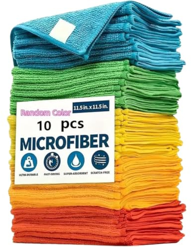 TIA Microfibre Cleaning Cloths Pack of 10 – Reusable Lint Free Absorbent Multipurpose Cloths for Kitchen, Car, Glass, Bathroom, Dusting & Polishing – Washable & Durable