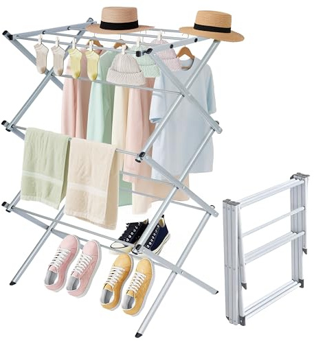 Whitmor Foldable Clothes Drying Rack: 3 Tier Laundry Drying Rack, Collapsible Drying Rack Clothing, Portable Space Saving Clothing Rack for Indoor Outdoor, 22.6 L × 14.6 W × 41.3 H, Gray