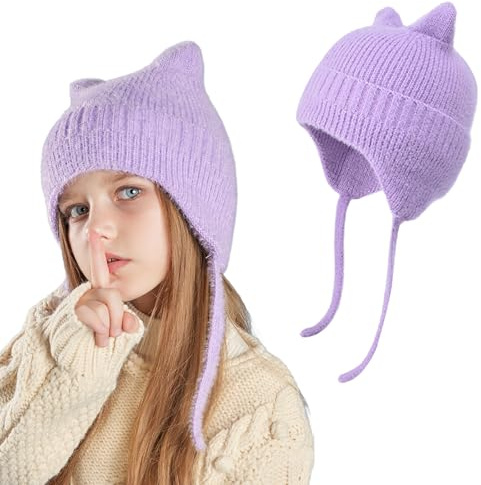 AYPOW Carino Orecchie di Gatto Caldo Berretto a Maglia per Bambini 3 ai 12 Anni, Invernale Copriorecchie Cappello, Morbido Delicato sulla Pelle Antivento Elastici Cappelli Beanie per Ragazzi Ragazze