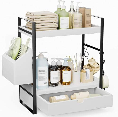 Kottwca 2-Ebenen Badezimmer Organizer mit Schubladen, Körben und 2 Haken | Arbeitsplatten-Organizer aus Holz mit Metallgestell, Multifunktionales Gewürzregal, Badregal für Bad, Küche, Büro, Weiß