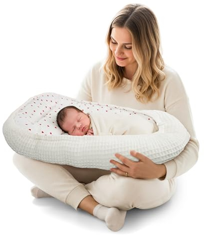 BlueFAM Babynest aus 100% Musselin und Piqué-Baumwolle– Maschinenwaschbares babynestchen, Oeko-TEX® Zertifiziert, Baby Kuschelnest & Reisebett für Neugeborene, zweiseitig verwendbares Nestchen