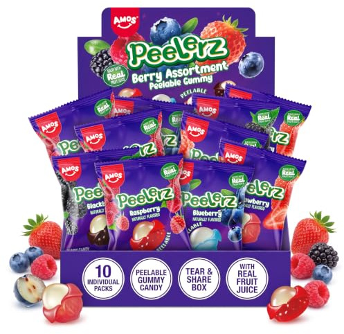AMOS Peelerz Berry Assortment Peelable Gummy Sweets-240G | Interactive Peelable Berry Sweets Made with Real Fruit Juice. Perfect For Kids Party Bags, Gifting, and Family Movie Nights
