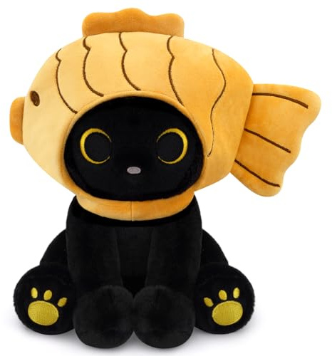 MUFEIRUO Chat noir en peluche avec capuche Taiyaki - Chat assis avec pattes jaunes - Jolie peluche pour jouer - Cadeau d'anniversaire pour enfants et adultes - Décoration pour chambre à coucher