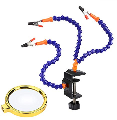 3 Arm Adjustable Soldering Station, Aluminum Alloy Table Clip Soldering Station with Anti - Skid Pad for Electronics Repair and Model Airplane Welding (Magnifying Glass Included)