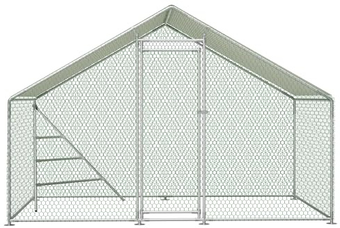 Hühnerstall, Hühnergehege 3x2m Metall Freilaufgehege mit Dach & Klettergerüst, Wetterfeste Voliere, Großer Hühnerauslauf, Sichere Unterkunft für Hühner, Enten & Kaninchen Kleintiere