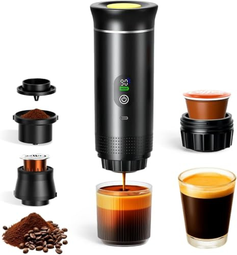 Tragbare Espressomaschine 3-in-1, Mini Kaffeemaschine mit Akku & Selbstheizung, Portable Espresso Machine USB Wiederaufladbar, Kompatibel mit Kapseln Gemahlenem Kaffee, fürAuto, Camping, Reisen & Büro