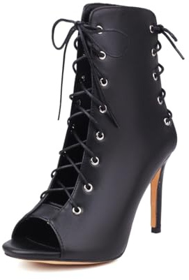 Generico Donna Liscia Ecopelle Peep Toe Stivaletti Doppio Laccio Stiletto Tacco Alto Punta Aperta Stivaletti Matrimonio Festa Sera Danza Abito Décolleté,Nero,34 EU