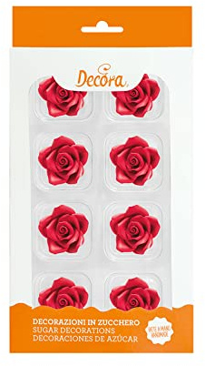Decora 0500373 Rosas medianas de azúcar, 3,5 cm, rojas, Hechas a mano con colorantes de extracción natural, Empaquetadas en blister, Ideales para decorar pasteles y dulces, Paquete de 8 unidades.