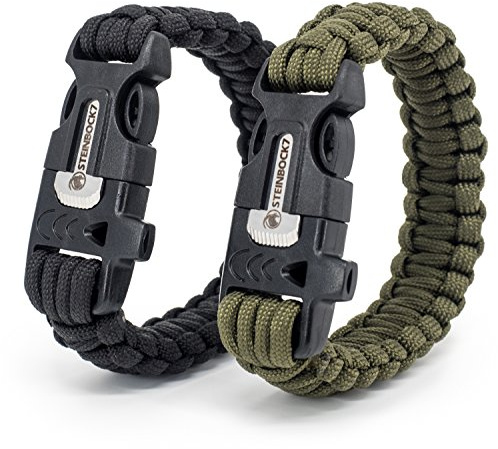 Steinbock7 Hochkönig 3-in-1 Paracord-Armband 2er Set - im Verschluss integriert: Pfeife, Feuerstein & Messer, inkl. E-Book - Camping, Outdoor, Wildnis