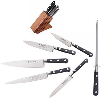 K SABATIER – Estuche de 5 cuchillos – Un fusil y un bloque de madera de gama auténtica – Acero inoxidable – Mango negro – 100% forja – Fabricado en Francia