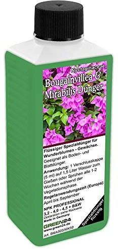 GREEN24 Bougainvillea & Mirabilis Dünger 250ml - Spezialdünger für Wunderblumen Drillingsblumen - Mediterrane Kübelpflanzen Blütendünger - NPK Flüssigdünger für Nyctaginaceae - Balkon Terrasse