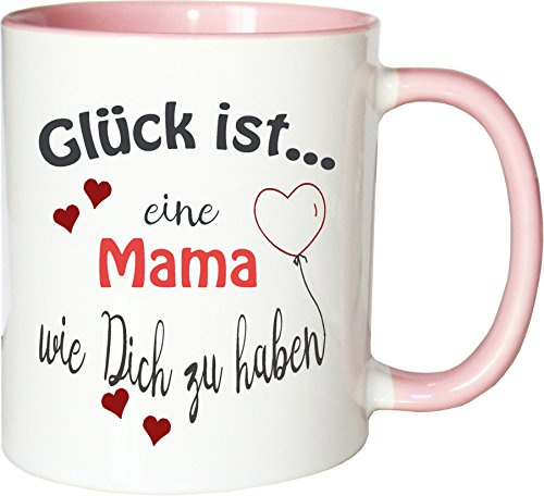 WarmherzIch Becher Tasse Glück ist… Mama Kaffee Kaffeetasse liebevoll Bedruckt Mutter Mama Muttertag Weiß-Rosa