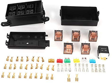Aramox Säkringsboxhållare, 6-vägs säkringsblock bilsäkringsbox med 1 stycke, 4 stycken 12 V och 5 stycken 100 A genomskinligt husrelä, lämplig för fartygsracing