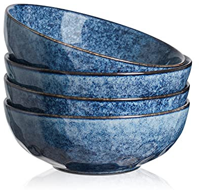 vicrays Rice Dessert Cereal Bowls 4 Piece Stoneware Vintage Look Ceramic Blue Large Serving Bowl, Soup/Mixing/Fruit/Noodle/Ramen China Bowl, Capacity of 940 ml. (18x18x6.3 cm)
