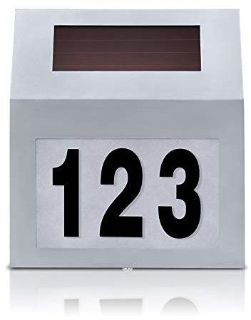 LARS360 Numero civico illuminato a energia solare, in acciaio inox, lampada a energia solare, lampada da parete con 2 LED, illuminazione numero civico, lampada da parete per esterni (argento)