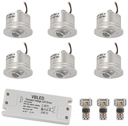 VBLED© 6er-Set 1W LED Mini Einbauspot - FOCOS Minispot - 12V DC - IP44-3000K - Schwenkbar - Silber