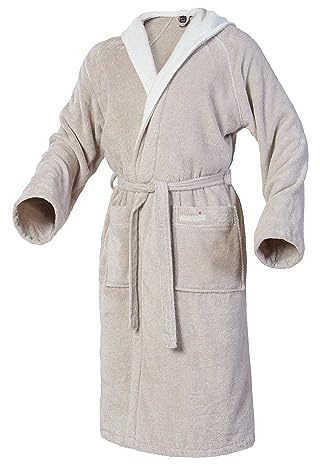 Mount Swiss Bademantel Damen Herren ARBON mit Kapuze aus edler Baumwolle I Morgenmantel flauschig I Frottee Farbe: beige, Grösse: XXL