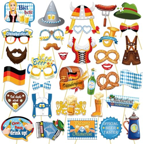 DPKOW Oktoberfest foto båtrekvisita, 35 st bayersk festfotoautomat tillbehör Wiesn fotobox fotorekvisita för Oktoberfest spel gästpresenter dekoration, öl kringel pepparkakor flagga glasögon hatt