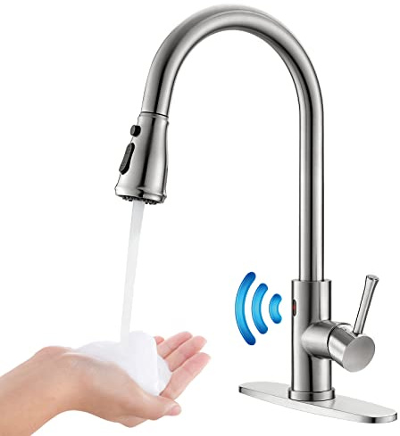 GUUKAR Kitchen Faucet Touchless with Pull Down Sprayer, Brushed Nickel Motion Sensor Single Handle One Hole Kitchen Sink Faucet with Deck Plate