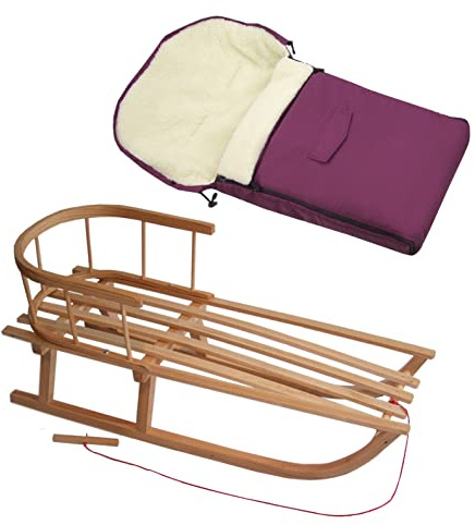 Kombierbjudande träsläde med ryggstöd och dragrep + universell vinteråksäck (90 cm), även lämplig för babystol, barnvagn, buggy, lammull, uni (körsbär + släde)